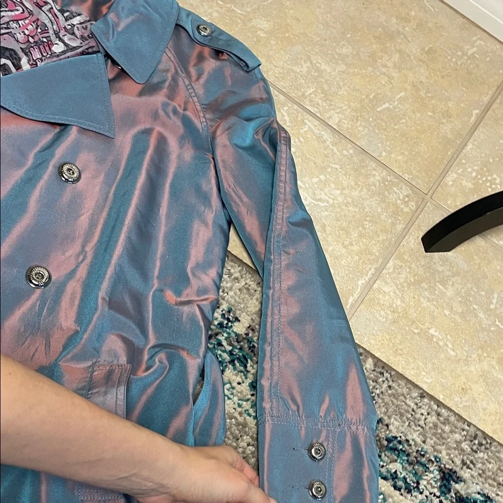 ST. JOHN trench coat Women's Iridescent Jacket - Pink and Blue belted lined
